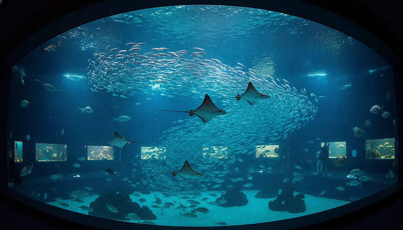 Vue sous-marine du grand bassin central de l'Aquarium de Lisbonne avec des raies et un banc de poissons