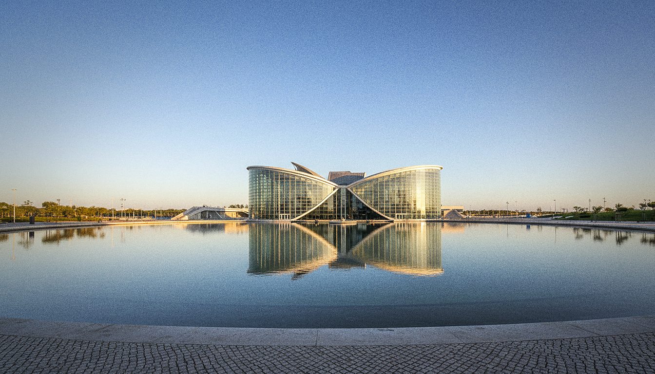 Le bâtiment de l'Oceanário de Lisboa posé sur l'eau dans le Parque das Nações à Lisbonne